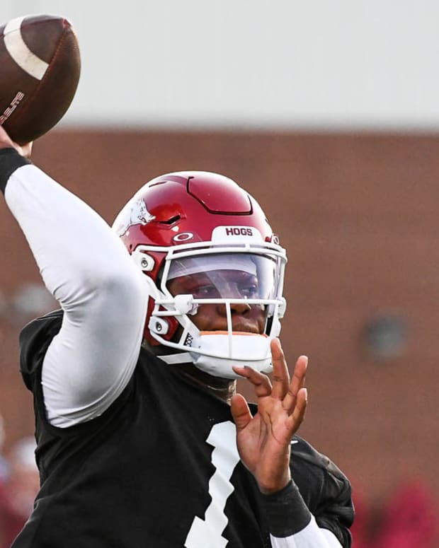 Razorbacks quarterback KJ Jefferson during Friday morning's practice